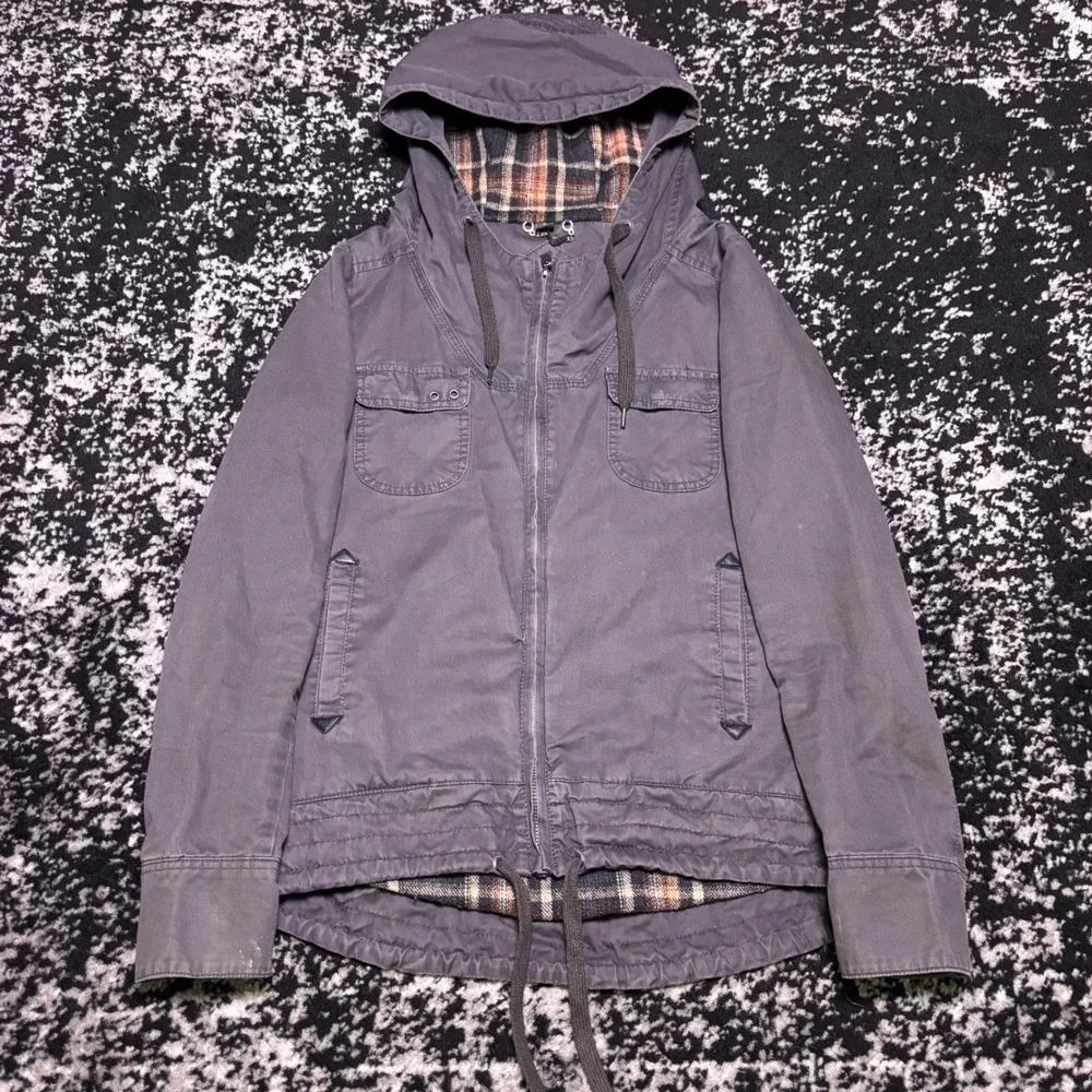 Joujou Womens Grey Utility Jacket Plaid Lined Hooded Y2K Grunge Cargo Coat Small